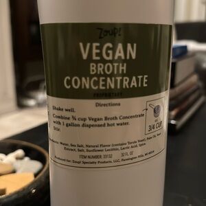 Zoup! Vegan Broth concentrate. 32 oz. Mix 3/4 cup with 1 gallon of hot water.